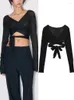 Women's Sweaters Thin Knitted Fashion Black Sexy Lace Up For Waist Chic Short Tops V-Neck Long Sleeve Cardigan