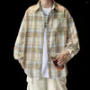 Men's Casual Shirts Plaid Long Sleeve Loose Teen Shirt Fashion Lapel Button Down Male Blouses With Pocket Pattern Tops C173