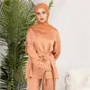 Abbigliamento etnico 2 pezzi Djellaba set musulmano abito in raso top a maniche lunghe pantaloni a gamba larga donne islamiche abbigliamento modesto camicetta Eid Abaya