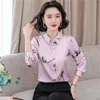 Rose Floral Graphic Weiße Blusen Büro Damen Designer Damen Seidensatin Hemden mit Knöpfen 2023 Herbst Winter Büro Damen Einfache Mode Revers Hemd Runway Tops