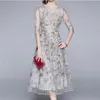 Moda pista verão midi vestido feminino manga curta lindo malha flor bordado uma linha elegante vestidos de festa 2106032989