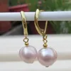 Dangle Earrings 9-10mm South Sea Pink Purple Baroque Pearl YELLOW GOLD