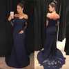 Dark Navy Long Sleeve Evening Dresses Off Shoulder Lace Sweep Train Satin Mermaid Formal Prom Party Gowns