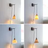 Lâmpadas de parede IWHD Cerâmica Bola LED Luzes Luminárias Pull Chain Switch Plug In Walnut Canopy Cobre Wandlamp Banheiro Quarto Ao lado da lâmpada