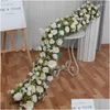 Ghirlande di fiori decorativi Rosa bianca Ortensia Grande palla Piante verdi artificiali Fiore Fila Runner Sfondo Decor Parete floreale Festa Dhp8U