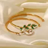 Bangle Trendy Leaf Green White Crystal Bracelets For Women Personality Open Gold Color Jewelry