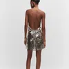 Robes décontractées Femme Silver Dos nu Halter Sequin Disc Chainmail Mini Cocktail Night Club Robe de soirée avec des disques métalliques