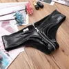 Women Latex Wetlook Briefs Panties Sexy Lingerie Underpants Black Shiny PU Leather Zipper Crotch Thongs Bikini Erotic Underwear Wo2349