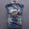 Coletes masculinos homens colete retro azul bordado sem mangas jaquetas japonês streetwear hip hop denim ly designer de moda