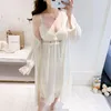 Women's Sleepwear White Patchwork Lace Satin Kimono 2PCS Robe Set Women Long Nightwear Home Clothing Casual Homewear Intimate Lingerie