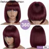 Perruques synthétiques 99J colorées courtes 180D cheveux humains brésiliens droits Bob avec frange Remy pleine machine faite pour les femmes Hightlight bordeaux 231006