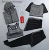 Conjuntos ativos venda quente feminino secagem rápida 5 peças conjunto jaqueta de yoga + camiseta + sutiã + shorts + calças roupas de ginástica das mulheres esportes correndo terno conjuntos L231007