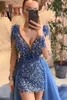 Blue Arabic Navy Sequins Prom Dresses Long Sleeves Evening Formal Party Second Reception Gowns Plus Size Detachable Train