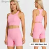 Active Sets ABS LOLI Brushed Nylon Workout Set Women 2 Piece Racerback Sports Bra Crop Tank Top High Waist Short Leggings Set Yoga TracksuitL231007