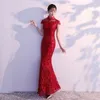 Robes décontractées de base dentelle sirène style chinois dame Cheongsam longue robe élégante serrée grande taille 3XL Vestidso Vintage rouge mariée mariage Qipao 231006