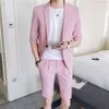 Мужской комплект, облегающие брюки до колена с короткими рукавами, корейский стиль, мужская одежда, розовый, белый, летний костюм, куртка с короткими брюками321b