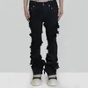 Jeans pour hommes Mode évasée Hommes Ripped Distressed Streetwear Pantalon en denim noir Longs rubans Tendance Man290c
