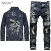 European Style Men Sets Embroidered Indian stretch denim Blue 2 Pieces Maching Set Jacket and Hole Jeans Mens Clohing 2011092678