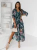 Parti Elbiseleri Şifon Yaz Kadınları 2023 Zarif A-Line Çiçek Ofisi Bahar Uzun Kollu V Yez Çiçek Maksi Vestido için