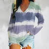 Women's Blouses Sexy Gradient Print V Neck Tops Fashion Stripe Tie-Dyed Knitted Tunic Top Autumn Long Sleeve Workout Shirt Chemises Et