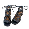 Sandaler mode hål ut casual kvinnor romerska retro öppen tå fyrkantiga klackar snörning skor sommar damer hight klack svart