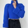 Suéteres femininos de malha gola alta camisola solta casual manga alargamento feminino colheita superior jumper 2023 primavera azul senhoras pulôver