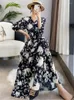 Casual Dresses Pleated Flower Print Dress Women Banquet V Neck Maxi High Waist Loose Elegant Evening 2023 Autumn