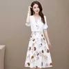 Two Piece Dress Korean Style Hollowed Out Sunscreen Chiffon Shirt Retro Printed Twopiece Elegant Women's Set Casual Outfits
