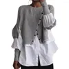 Women's Sweaters Casual Female Office Autumn Irregular Button Shirts Women Sexy Splicing Crew Neck Knitted Pullover Long Sleeve Commuter