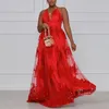 Sukienki swobodne plus rozmiar 4xl 5xl czerwona sukienka spaghetti pasek V szyja bez pleców haft podłogowy podłogę elegancki wieczór PA288D