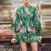 Casual Dresses Elegant Bow Long Sleeve Green Floral Printed For Women 2021 Autumn Runway Designer Vintage Mini Woman Dress Chiffon228i