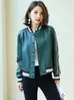 Blouson bombardier en cuir véritable pour femme, tendance, décontracté, haut de gamme, couleur contrastée, rayé, court, Slim, manteau en peau de mouton véritable, 2023