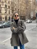 Kvinnorjackor Kvinnor Houndstooth Silhouette Woolen Jacket Autumn Winter 2023 Ladies Shoulder Pad notched Double Breasted Blazer Coat