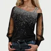 Women's Blouses Sexy Woman Long Sleeve Sequin Blouse Top Autumn Party Cold Shoulder Bling Mesh Sheer Lady Casual Shirts Pullover