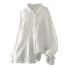 Kvinnors blusar Autumn Cotton Linen White Shirts Women Stand Collar Embroidery Tops Lång ärm Loose Casual Spring T38103JC