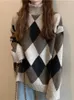 Pulls pour femmes Coréen Tricoté Pull Femmes Vintage Argyle Motif Pull Femme Hiver Lâche Casual Épais Chaud Col Roulé Jumper Tops