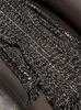 Autumn Black Solid Color Tassel Tweed Dress Long Sleeve Round Neck Short Casual Dresses D3O071433
