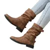 Bottes mi-longues pour femmes, boucle de ceinture courte, couleur unie, talon bas, grande taille, mode