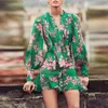 Casual Dresses Elegant Bow Long Sleeve Green Floral Printed For Women 2021 Autumn Runway Designer Vintage Mini Woman Dress Chiffon228i