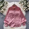 Damesblouses Vintage elegante shirts voor dames Turn-down kraag revers enkele lange satijnen blouse met pofmouwen Herfst chique vrouwelijke tops