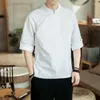 Мужские повседневные рубашки, лето-осень 5XL, рубашка в китайском стиле с воротником-стойкой и половиной рукава, свободный однотонный пуловер, верхняя мужская винтажная блузка