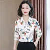 Rose Floral Graphique Beige Blouses Office Lady Automne Hiver Classique Boutonné Chemises À Manches Longues 2023 Femmes Designer Soie Satin Revers Chemise Office Lady Plus Taille Tops