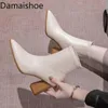 Boots White Ankle Women's Chunky Heel Spring 2023 Winter Pointed High Shoes Mid Lady Skinny