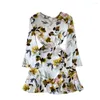 Casual Dresses Spring And Autumn Daily Flare Long Sleeve V-neck Yellow Dress Women Waist Slim Lace Up A-line Printed Lotus Leaf