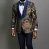 3 pezzi oro jacquard prom abiti da uomo scialle blu risvolto slim fit sposo smoking moda maschile costume giacca gilet con pantaloni216A