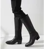 Nya brittiska stil män boot knä högt lyx varumärke äkta läder vinter varma skor med höga klackar för manlig mode svart