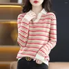 Women's Sweaters 2023 Polo Collar Long-Sleeved Striped Pullover Autumn And Winter Fashion Loose Solid Color Versatile Cashmere Sweater