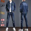 Men's Tracksuits Fashion Slim Sets Spring Autumn Dark Blue Denim Cotton Long Sleeve Jacket Ripped Hole Jeans Couple Two Piece244Q