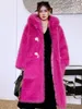 Moda de pele feminina ecológica rosa vermelha casaco falso solto com capuz lã artificial jaqueta longa roupas de inverno