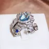 2023 Choucong Brand Handmade Wedding Rings Luxury Jewelry 925 Sterling Silver Fill Blue 5A Cubic Zircon CZ Diamond Party Women Promise Open Feather Ring Gift